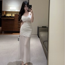 批发实拍新款低胸露肩吊带荷叶边中长款显瘦网纱<b class='q'>打底连衣裙</b>