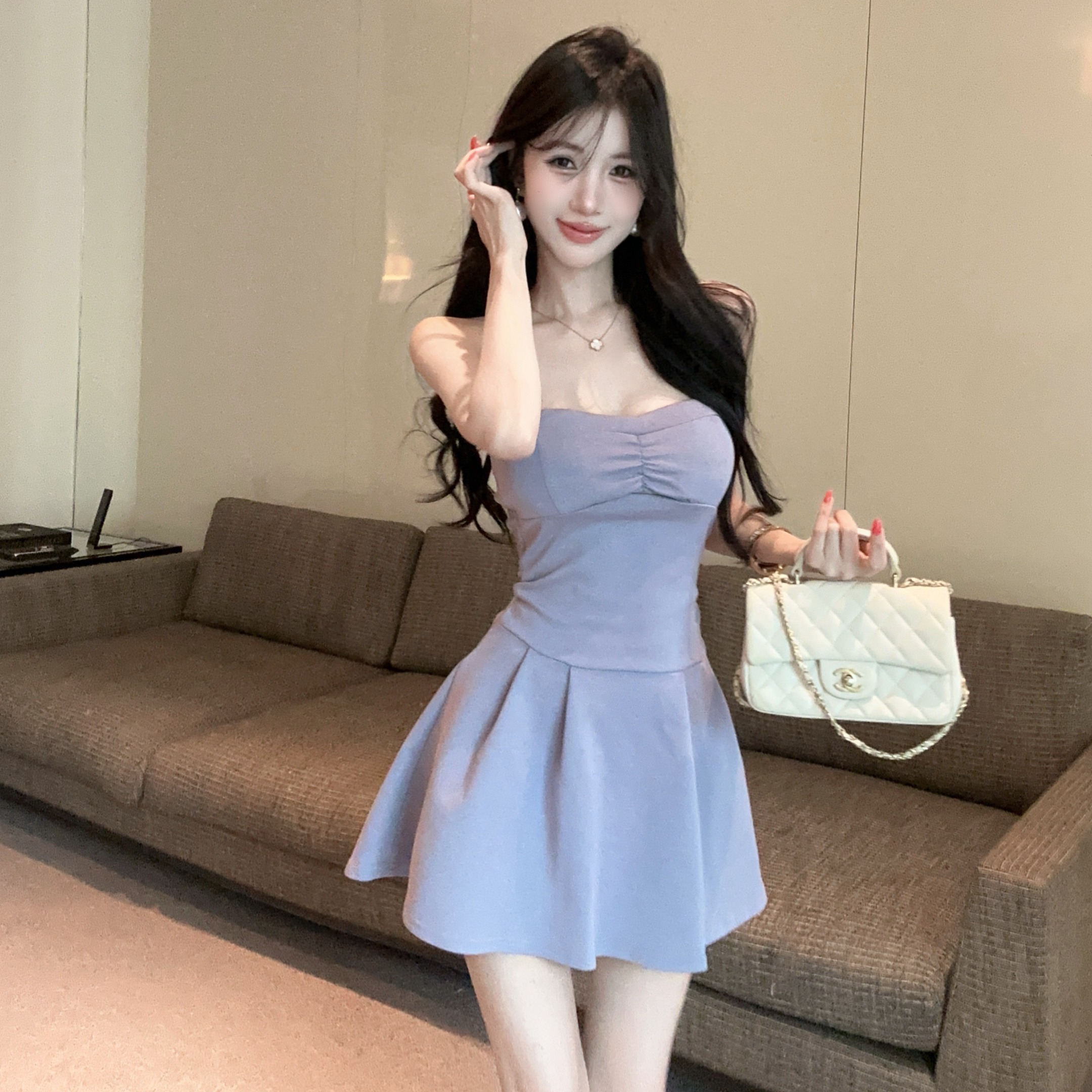 실사 새로운 다용도 섹시함 튜브탑 허리 수축 큰 진자 섹시함 슬림해 보이는 슬립 드레스