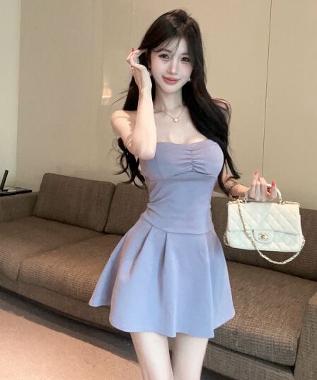 실사 새로운 다용도 섹시함 튜브탑 허리 수축 큰 진자 섹시함 슬림해 보이는 슬립 드레스