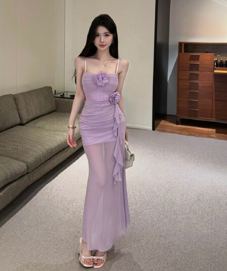 실사 새로운 다용도 섹시함 중간 길이 꽃 패치워크 망사 허리 수축 슬립 드레스