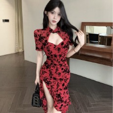 批发实拍<b class='q'>新款</b>百搭性感植绒改良<b class='q'>旗袍</b>显瘦收腰不规则连衣裙