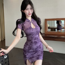 批发实拍新款新中式女装短款旗袍性感网纱拼接包臀打底连衣裙