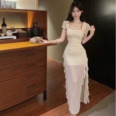 批发实拍新款百搭女装性感<b class='q'>网纱</b>长款短袖显瘦连衣<b class='q'>裙</b>子