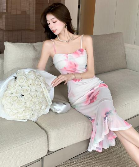실사 새로운 망사 프린트 슬립 드레스 몸매 가꾸기 슬림해 보이는 인어 꼬리 스커트 허리 수축 점프 슈트 치마