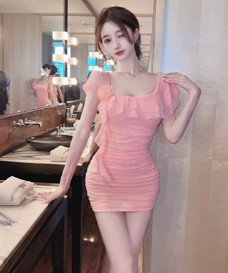 실사 새로운 다용도 섹시함 망사 반팔 술 만나는 슬림해 보이는 타이트 스커트 드레스
