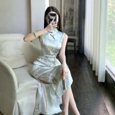 批发实拍新款夏季时尚斜领镂空聚会无袖性感开叉中长旗袍连衣裙