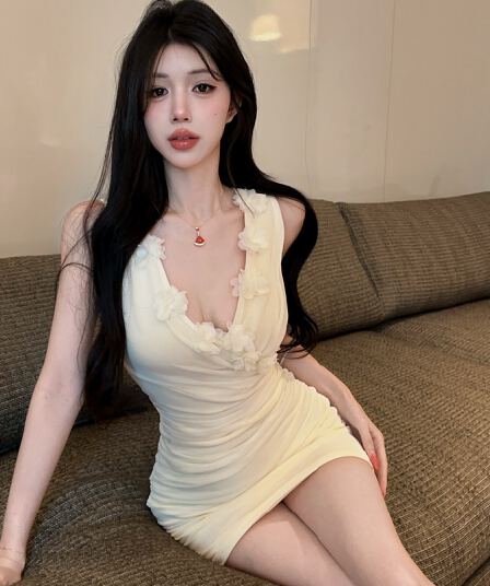 실사 새로운 쇼트 스타일 망사 섹시함 V넥 꽃 패치워크 민소매 타이트 스커트 드레스 복장