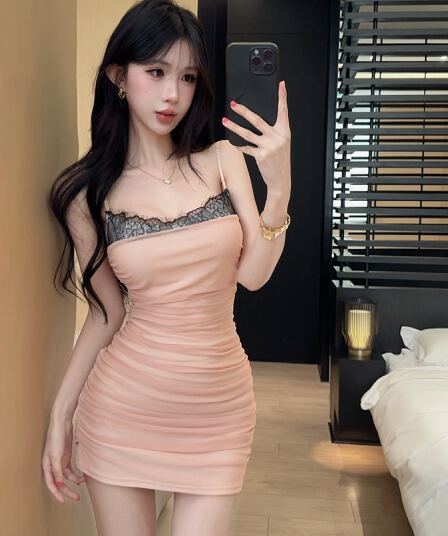 실사 새로운 망사 패치워크 레이스 섹시함 반팔 슬립 타이트 스커트 드레스 복장