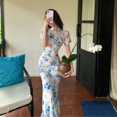 批发实拍新中式改良<b class='q'>旗袍</b>收腰显瘦性感短袖包臀鱼尾长裙连衣裙子