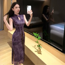 批发实拍改良<b class='q'>旗袍</b>新中式网纱植绒性感无袖中长款显瘦收腰连衣裙