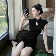 批发实拍新中式改良<b class='q'>旗袍</b>提花百搭显瘦性感短款显瘦包臀<b class='q'>连衣裙</b>
