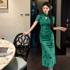 批发实拍复古绿新中式<b class='q'>旗袍</b>显瘦收腰网纱收腰包臀裙大摆<b class='q'>连衣裙</b>