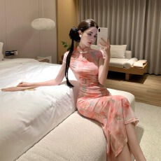 批发实拍复古新中式旗袍显瘦网纱印花包臀裙修身大摆裙连衣裙