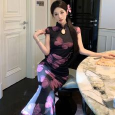 批发实拍国风中式长款无袖改良旗袍网纱印花百搭修身日常连衣裙
