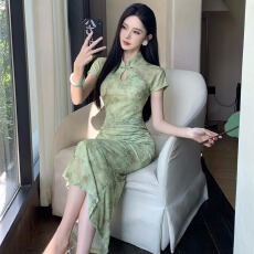 批发实拍新中式改良旗袍收腰显瘦百搭短袖裙鱼尾裙长裙连衣裙
