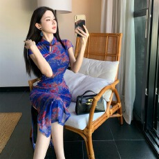 批发实拍复古新中式旗袍百搭收腰网纱印花显瘦裙修身连衣裙