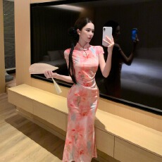 批发实拍复古新中式旗袍显瘦收腰网纱印花百搭大摆裙连衣裙子