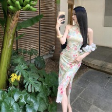 批发实拍新中式旗袍网纱<b class='q'>印花</b>女装性感显瘦收腰无袖裙包臀<b class='q'>连衣裙</b>