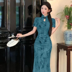 批发实拍复古新中式旗袍修身网纱收腰显瘦包臀裙大摆连衣裙