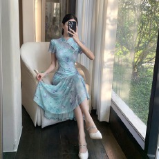 批发实拍新中式国风旗袍连衣裙网纱印花收腰显瘦<b class='q'>大摆裙</b>连衣裙