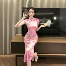 批发实拍新中式旗袍显瘦收腰网纱印花包臀裙显瘦旗袍连衣裙