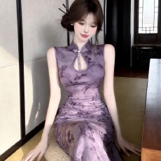批发实拍新中式改良旗袍紫色长款紧身显瘦修身<b class='q'>网纱</b>植绒打底连衣裙