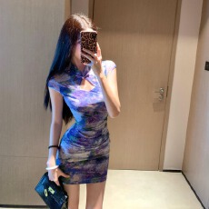 批发实拍新中式百搭网纱印花改良旗袍包臀收腰短款连衣裙