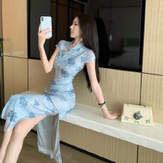 批发实拍新中式旗袍显瘦收腰网纱印花包臀裙显瘦旗袍连衣裙
