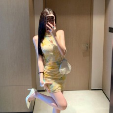 批发实拍新中式性感无袖网纱印花短款改良旗袍显瘦包臀连衣裙