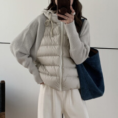 批发实拍轻薄针织毛衣袖拼接羽绒棉服<b class='q'>女</b>短款假两件2025冬季新款外套