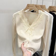 批发2025秋冬甜美风蕾丝拼接设计感<b class='q'>长袖</b>针织衫减龄上衣女毛衣开衫