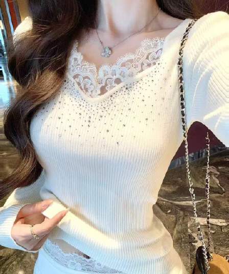 프랑스식 순수한 욕망 명문 여성 다이아몬드 세팅 레이스 측면 니트 스웨터 맨위 여성 가을 겨울철 몸매 가꾸기 슬림해 보이는 인사이드 가져 가라. 예쁜 스웨터