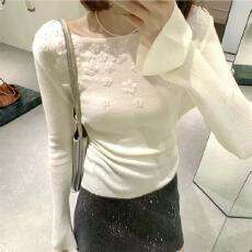 批发重工小花钉珠羊毛针织衫女秋冬法式绝美高级感修身内搭打底衫上衣