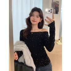 批发重工烫钻一字领毛针织衫女秋冬法式绝美高级感修身内搭打底衫上衣