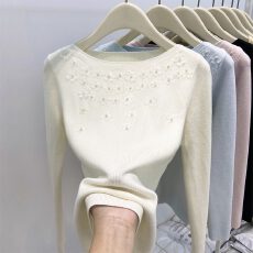 批发重工钉珠圆领羊毛针织衫女秋冬法式绝美高级感修身内搭打底衫上衣