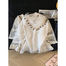 批发实拍2026夏装新款串珠重工勾花镂空蕾丝衫薄针织套头宽松罩衣上衣