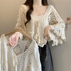 批发新款勾花镂空针织罩衫夏外搭波西米亚海边度假风长袖上衣防晒衫女