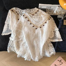 批发实拍2026夏装新款串珠重工勾花镂空蕾丝衫薄针织套头宽松罩衣上衣