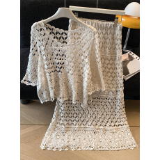 批发实拍夏新款韩版设计感外搭罩衫V领镂空宽松短款+中长裙二件套装女