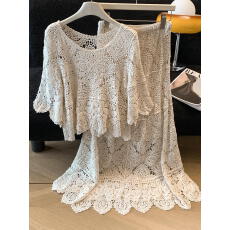 批发实拍夏新款韩版设计感外搭罩衫V领镂空宽松短款+中长裙二件套装女