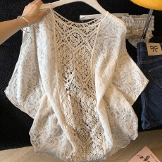 批发实拍2026圆领夏装新款勾花镂空蕾丝衫薄针织套头宽松中袖罩衣上衣