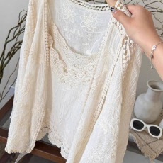 批发2026春夏大码胖mm法式钩花镂空<b class='q'>蕾丝</b>背心防晒外搭开衫波西米亚套装