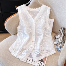 批发复古文艺百搭棉线勾花叠穿无袖马甲镂空V领针织宽松蕾丝开衫马夹