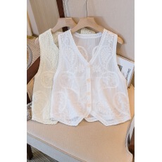 批发复古文艺百搭棉线勾花叠穿无袖马甲镂空V领针织宽松蕾丝开衫马夹