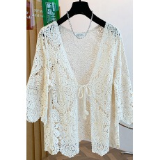 批发实拍温柔短款长袖针织防晒衣宽松显瘦性感镂空海边度假开衫上衣