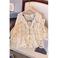 批发实拍温柔短款长袖针织防晒衣宽松显瘦性感镂空海边度假开衫上衣