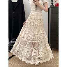 批发重工钩花镂空蕾丝半身裙女夏季中长款松紧腰显瘦大摆a字裙长裙女