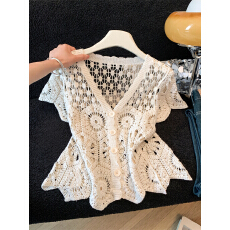 批发实拍 夏装新款法式<b class='q'>镂空</b>时尚百搭洋气外搭v领小<b class='q'>开衫</b>上衣钩花蕾丝衫