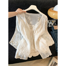 批发实拍复古文艺百搭棉线勾花吊带马甲<b class='q'>镂空</b>针织宽松蕾丝<b class='q'>开衫</b>二件套