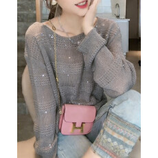 批发美式复古重工亮片针织衫女春季2026<b class='q'>新款</b>宽松显瘦露肩镂空气质上衣